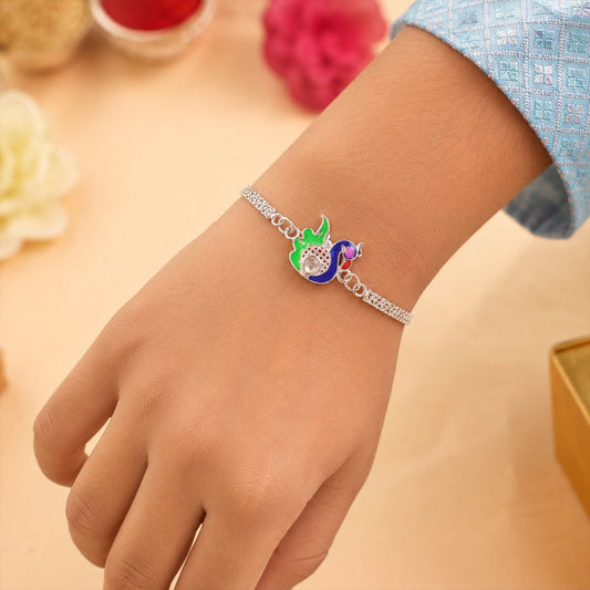 Silver Peacock Meenakari Chain Rakhi – Unique Design for Raksha Bandhan