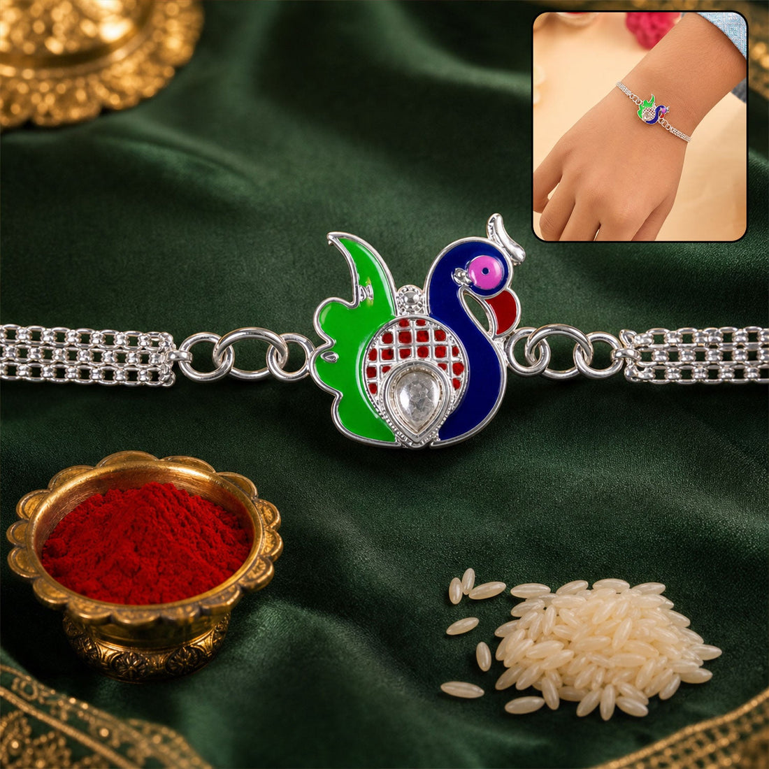 Silver Peacock Meenakari Chain Rakhi – Unique Design for Raksha Bandhan